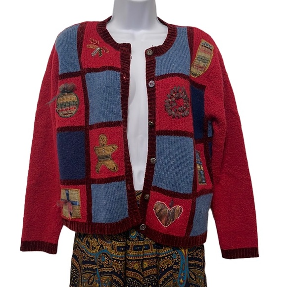 Koret City Blues Women's Sz Large Christmas Sweater Button Front Red Patchworks - Picture 3 of 12